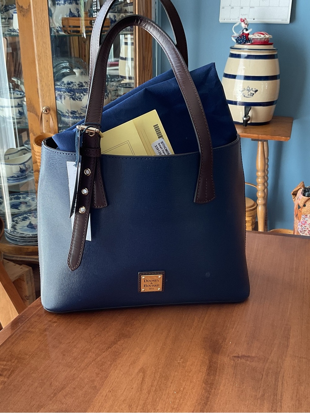 Dooney & Bourke Small Hannah Saffiano Marine and Brown Leather Tote